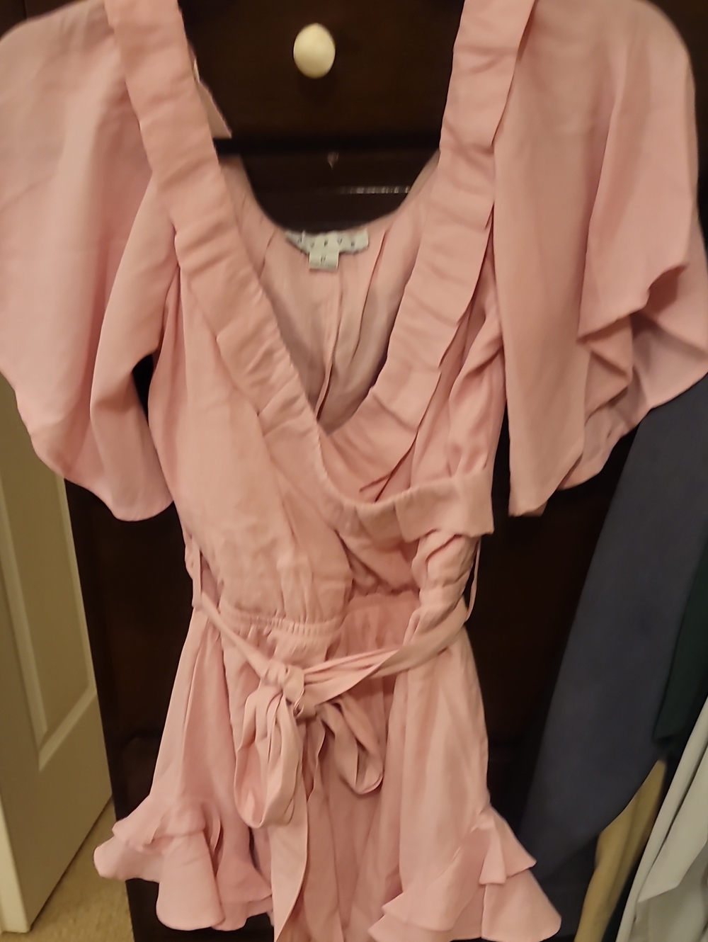 NWOT HYFVE Baby Pink Ruffle Wrap Romper with Tie Waist Fully Lined Size Small